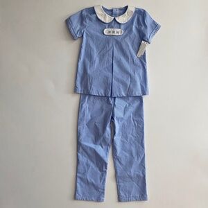 Edgehill Collection Boys Peter Pan Cap Sleeve Tab Pants Set Blue Plaid Nwt 7